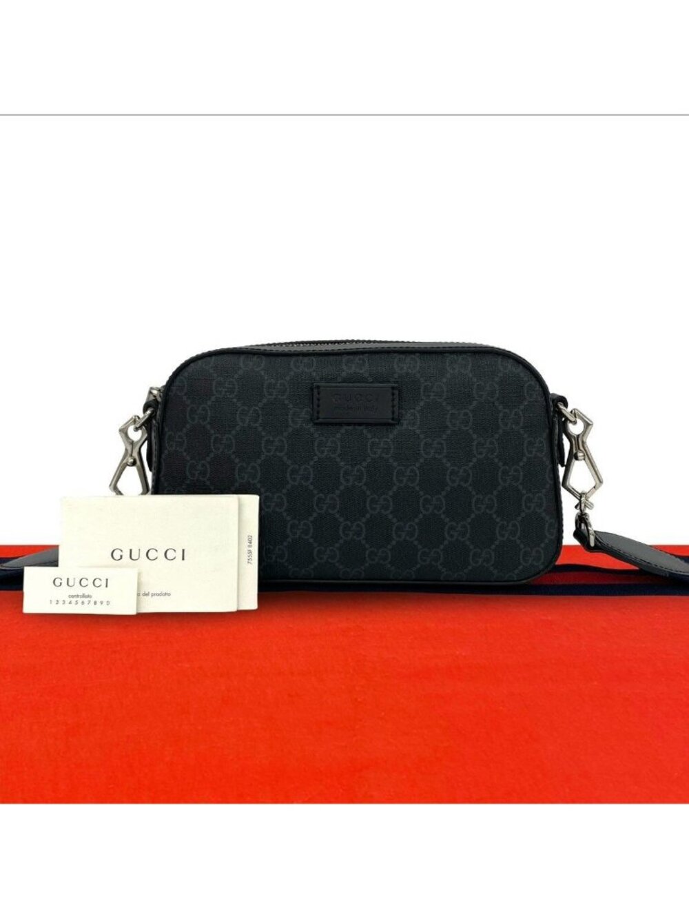 Gucci Sherry Line GG Pattern Logo Leather Polyurethane Shoulder Bag Cross Black